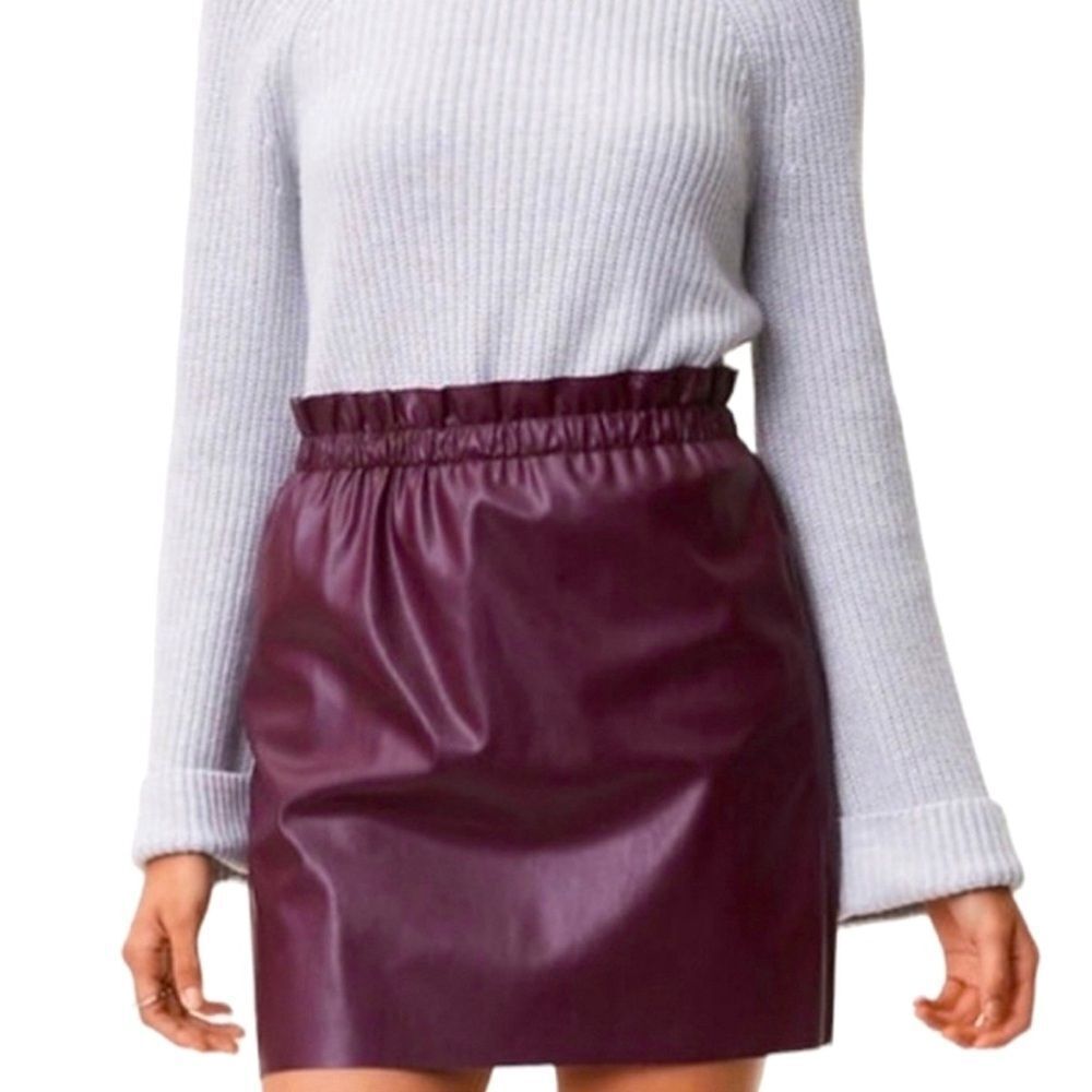 LOFT Ann Taylor Plum Faux Leather Mini‎ Skirt Paperbag Waist Fully Lined Size SP